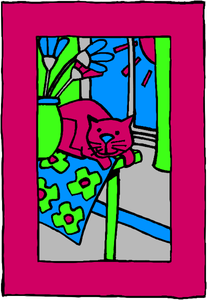 The picture shows a cat sitting on top of furniture with flowers behind it; there is also an open window frame visible at bottom right corner.