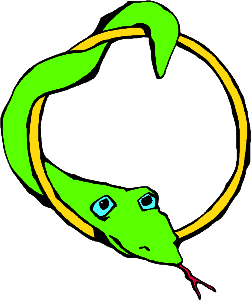 The image shows a cartoon snake with its tongue sticking out inside an oval shape that resembles a ring around it's neck on a white background.