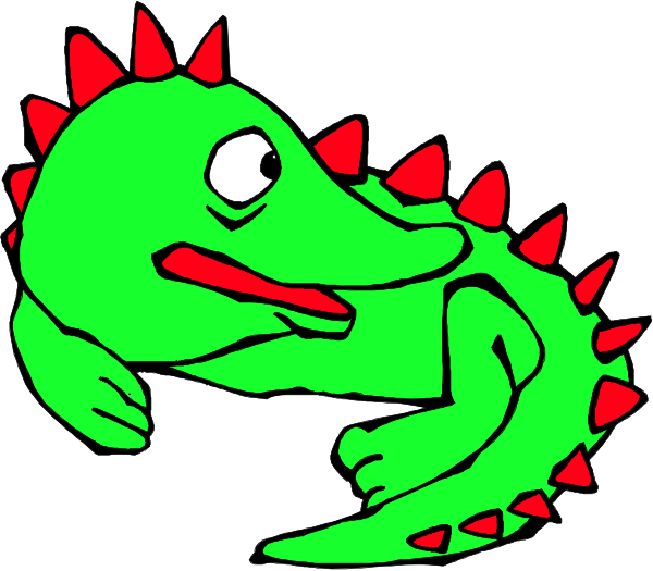 The image shows a cartoon alligator with red spikes on its back lying down next to another smaller green crocodile that is also laying down beside it in what appears to be an outdoor environment under clear skies, suggesting a peaceful and serene setting for these reptiles.