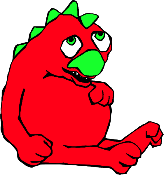 The image shows a red cartoon dragon with its mouth open as if speaking to another character who is also depicted but only partially visible in two different positions; one showing it from behind while sitting on an unseen surface, and the other displaying just half of its body against a white background.