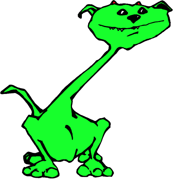 The image shows a cartoon of an alien dog with exaggerated features like large eyes and ears standing upright on two legs next to its human-like counterpart who is also depicted in green coloring but without any animal characteristics, suggesting that it's meant for comparison or contrast between the realms of reality (the person) and fantasy/science fiction (the alien dog).