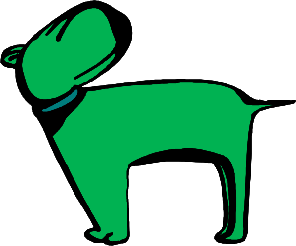 The image shows a green dog with its head turned to look at something off camera while standing on two legs against an unadorned background.