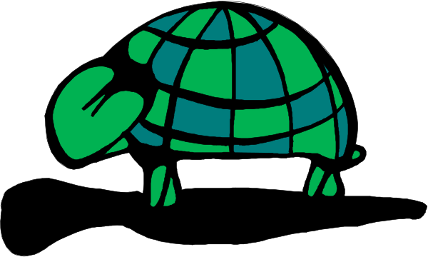 The image shows a cartoon turtle with an Earth on its back walking across what appears to be grassy terrain under clear skies.