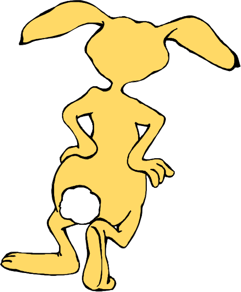 The image shows a cartoon of an anthropomorphic rabbit sitting on its hind legs with arms crossed over itself.