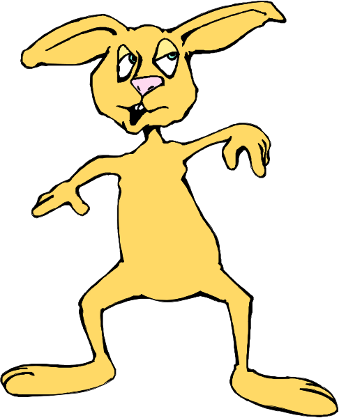 The cartoon shows a yellow anthropomorphic rabbit standing upright on two legs with its arms outstretched as if it's dancing in an exaggerated pose against a white background.