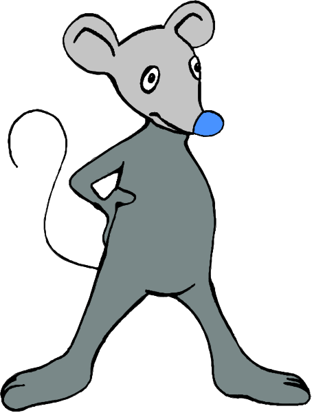 The image shows a cartoon mouse with blue eyes standing upright on two legs against a plain background.
