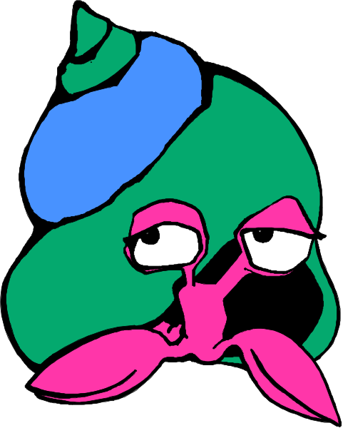The image shows a cartoon of an octopus with pink hair on its head, wearing sunglasses over closed eyes, sitting in front of what appears to be a blue flower-like object that has two petals and is colored green at one end and red at another.