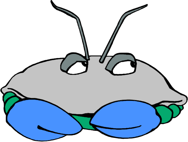The cartoon shows a blue lobster with antennae sitting on its tail while holding what appears to be an object in one of its claws.