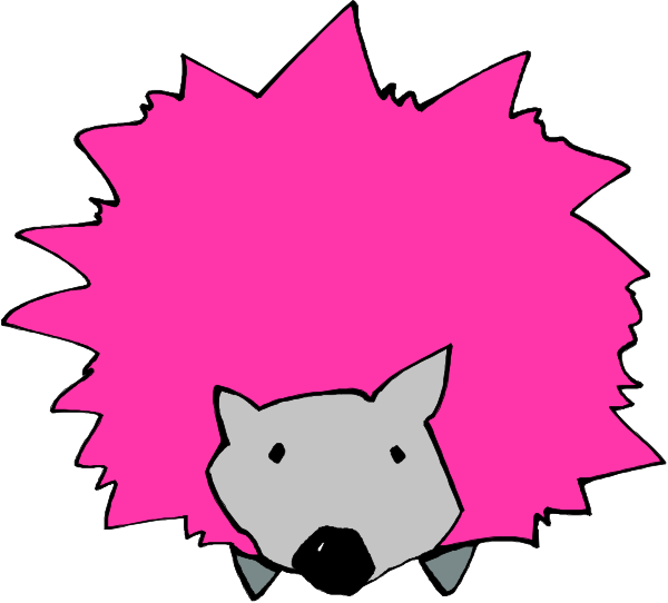 The image shows a cartoon of an animal with pink fur that resembles a dog standing upright on its hind legs in front of what appears to be a wallpaper background featuring geometric shapes like rectangles and triangles, possibly representing bricks or tiles.