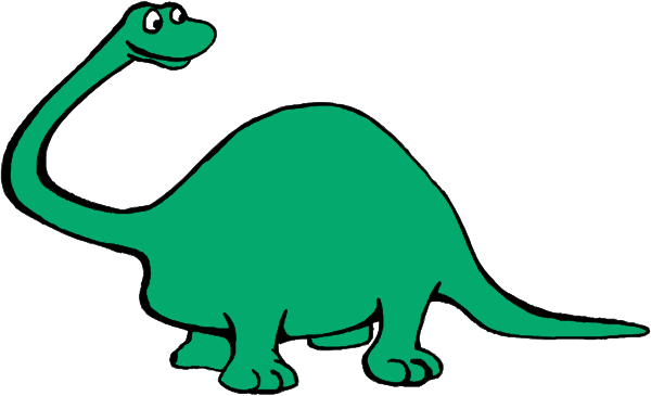 The image shows a cartoon of an animated green dinosaur standing upright on two legs with its arms outstretched as if walking forward against a plain background.