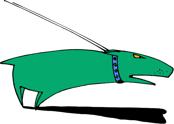 The image shows a green shark with an open mouth flying through midair against a white background.