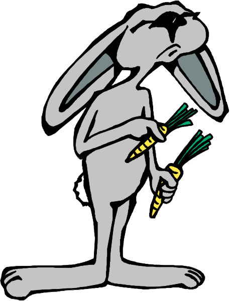 The cartoon depicts a gray rabbit holding carrots with green tops while standing on two legs against a white background.