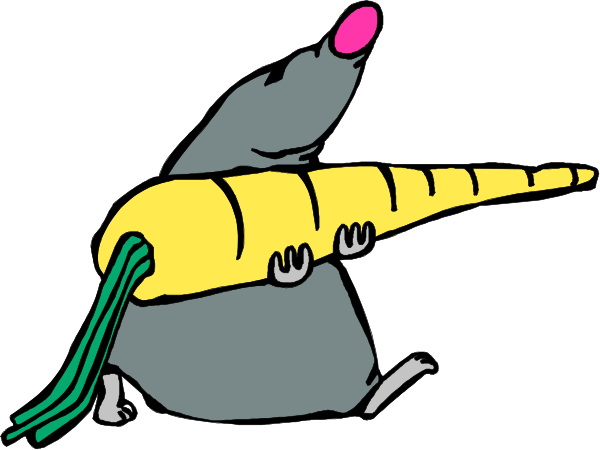 The cartoon shows a mouse holding an oversized carrot with roots hanging out of its mouth while standing on two legs in front of it.