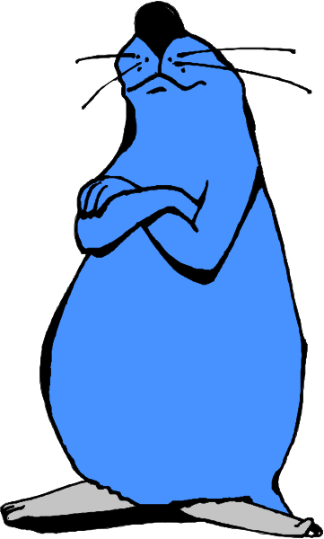 The cartoon depicts a blue seal standing upright on its hind legs with arms crossed over itself against a white background.