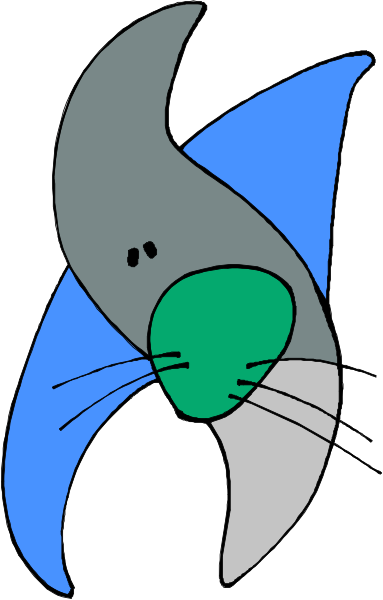 The image shows a cartoon of an animal with blue wings that resembles a whale, standing upright on its tail fin in front of what appears to be another creature's face peeking out from behind it.
