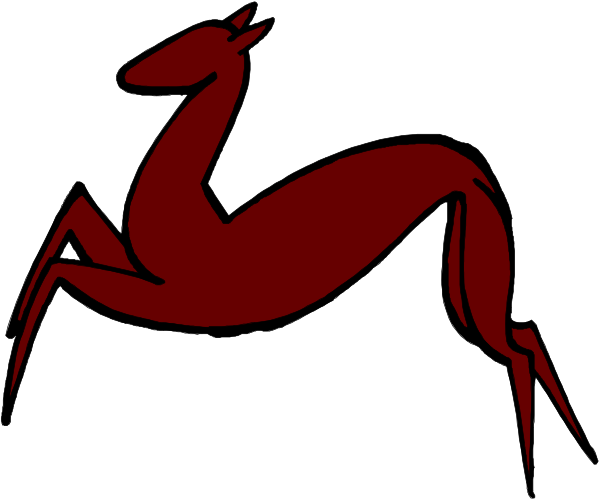 The image shows a red horse galloping on its hind legs with front hooves raised above ground level against an unadorned background.
