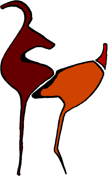 The image shows a stylized illustration of two birds with red bodies standing on what appears to be an abstract background that resembles water; one bird is facing left while the other faces right.