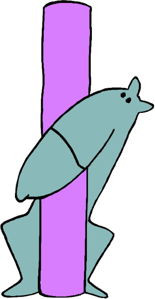 The image shows a cartoon of an octopus standing on top of two poles with purple stripes; it appears to be dancing as if holding onto them for balance while looking down at its feet.