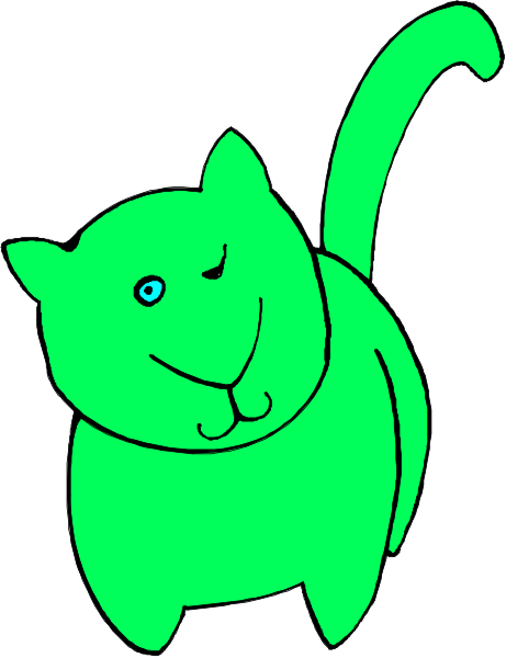 The image shows a green cartoon cat with blue eyes looking upwards to its right side of frame.