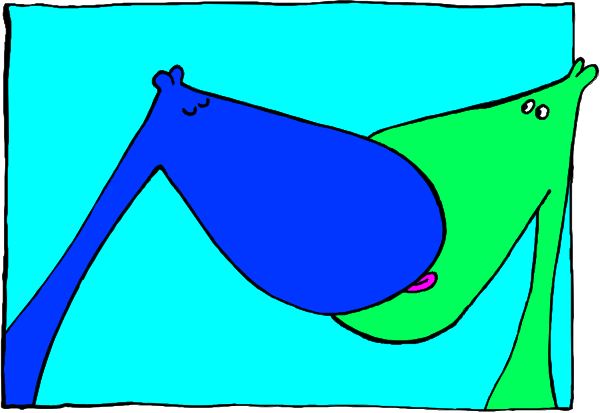 The image shows a cartoon of an animal with two heads sticking out from either side of its body through windows on opposite walls in what appears to be a room painted blue at one end and greenish-blue at another, suggesting it might represent different perspectives or states of mind within the same space.