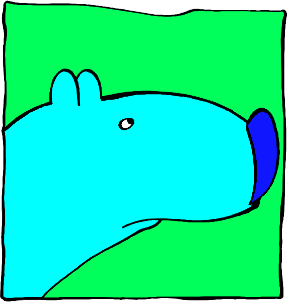 The cartoon shows a blue dog with its tongue sticking out of an open window frame on what appears to be a green surface in front of it.