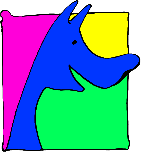 The image shows a cartoon of an animated dog with its mouth open as if speaking to another character that is partially visible on the right side; both characters appear in front of colorful squares resembling tiles, suggesting this might be set within a room or building interior.