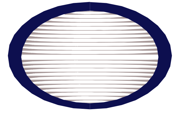 The image shows a black circle with concentric lines inside it on top of what appears to be an oval shape that is blue in color against a white background.