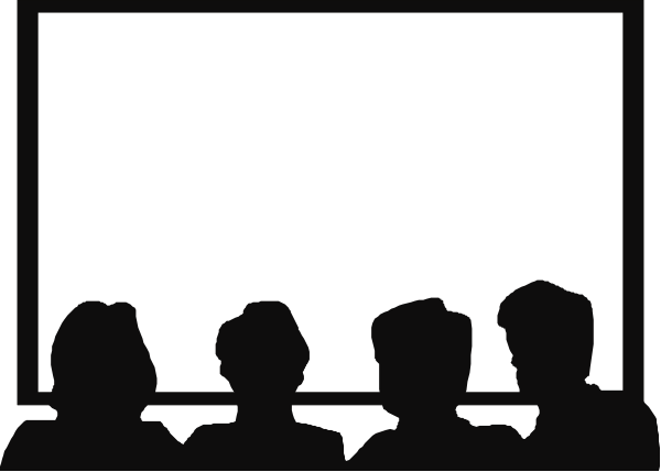 The black and white silhouette of a group of three individuals sitting at desks facing each other with their backs to us in what appears to be an office environment.