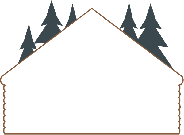 The image shows a simple black and white illustration of an A-frame house with snow on its roof under what appears to be nighttime sky conditions, surrounded by trees in silhouette against a dark background.
