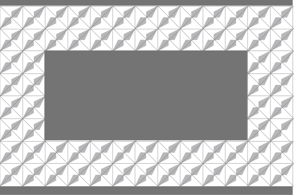 The image shows a black square with white geometric shapes surrounding it within an abstract pattern that resembles stylized snowflakes on a gray background.