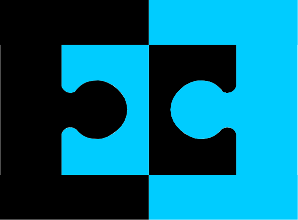 The image shows a blue puzzle piece with various shapes around it that appear to be part of an abstract design on a gray background.