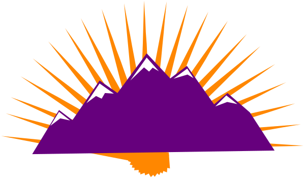 The image shows a stylized graphic of an orange sunset with purple mountains at its center against a dark sky background.