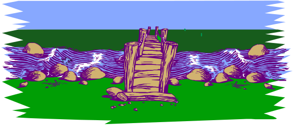 The image shows a pixelated scene of an outdoor landscape with grassy areas on either side leading to what appears to be water in front; there is a small bridge over this body of water that has rocks around it, and above the bridge, two trees can be seen against a blue sky background.