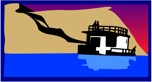 The image shows a boat on water at sunset with silhouettes of trees against an orange sky; there is no text present in this clip-art illustration.