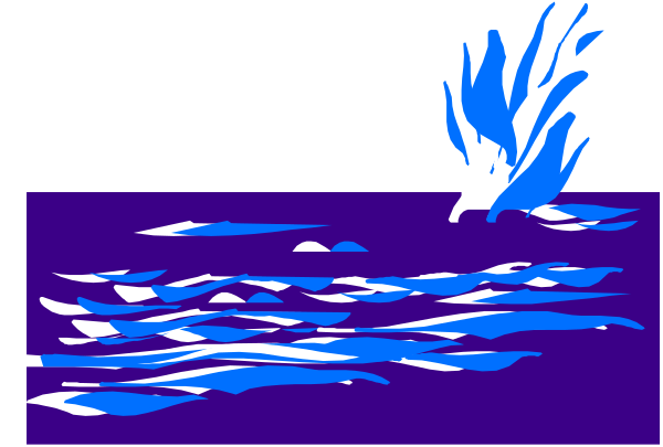 The image shows a blue abstract design with white lines that resemble waves on water against a dark background.