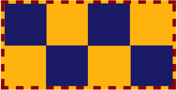 The image shows a stylized depiction of an orange banner with blue borders featuring white checkerboard patterns on either side.