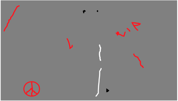 The image shows a simple line drawing of an indoor scene with two arrows pointing to different areas: "up" indicating stairs leading upwards on one side, and another arrow labeled as "out," suggesting it leads outside through what appears to be a door at the bottom right corner.
