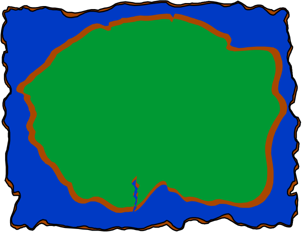 The image shows a map with two distinct regions: an island on top right corner of the frame labeled "island" in red text and another region at bottom left marked as water in blue coloring.