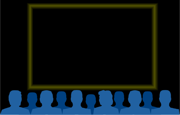 The image shows a black screen with silhouettes of multiple individuals standing behind what appears to be an empty podium on stage; there is no audience in front of them.
