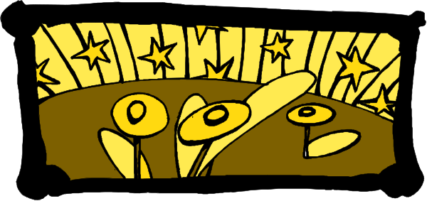 The black and white illustration shows a group of cartoon characters with exaggerated facial expressions inside what appears to be an oval frame on top of a stage set against a starry sky background.