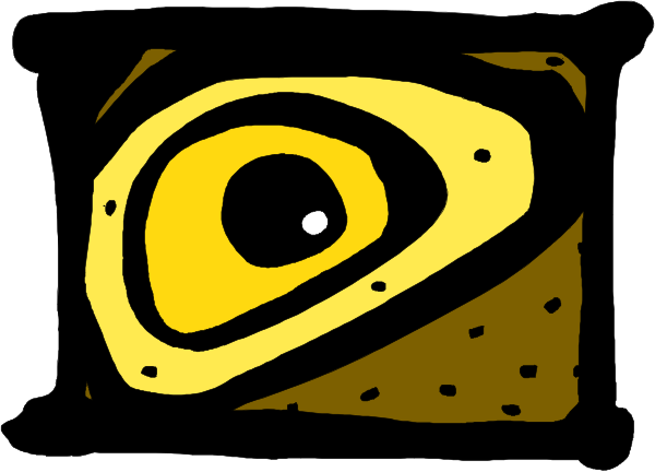 The image shows a black and white line drawing of an eye with eyelashes on top of it inside what appears to be a square frame resembling a picture in a photo album page.
