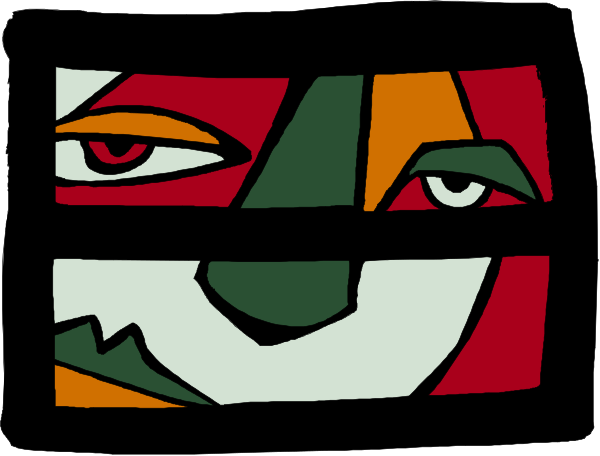 The image shows a stylized drawing of an abstract face with closed eyes within what appears to be two rectangular frames on either side, resembling windows or picture borders.