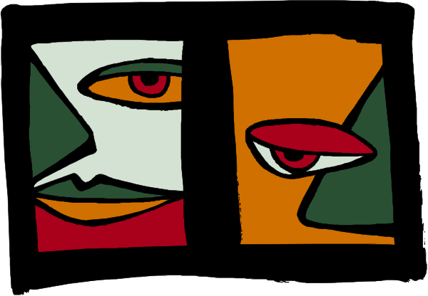 The image shows a stylized drawing of three abstract faces with different expressions within square frames against an orange background.