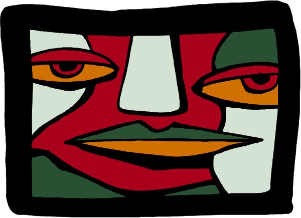 The image shows a stylized drawing of an abstract face with two eyes looking to its left side against a red background on top half and green bottom half separated by white lines forming squares within rectangles pattern, resembling pixelation effect.