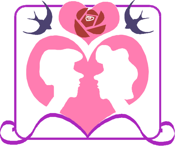 The image features a pink banner with two silhouettes of profiles facing each other inside heart shapes at its center; above them is an illustration of a rose between deer antlers on either side.