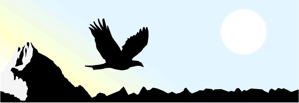 The image shows a black bird flying over water with two suns visible on either side of it; there is no text present in this clip-art illustration.