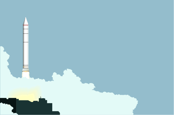 The image shows a pixelated depiction of an intercontinental ballistic missile launch with smoke trails from its engines against a blue sky background featuring clouds on either side.