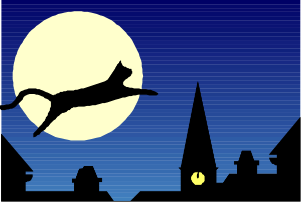 The image shows a night scene with two cats silhouetted against a moonlit sky; on top is an orange cat leaping towards the right side of the frame while below it's another black cat sitting calmly in front of houses and trees, both under a full moon.