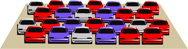 The image shows a parking lot filled with various colored cars parked neatly next to each other on both sides of an empty roadway in front of them.