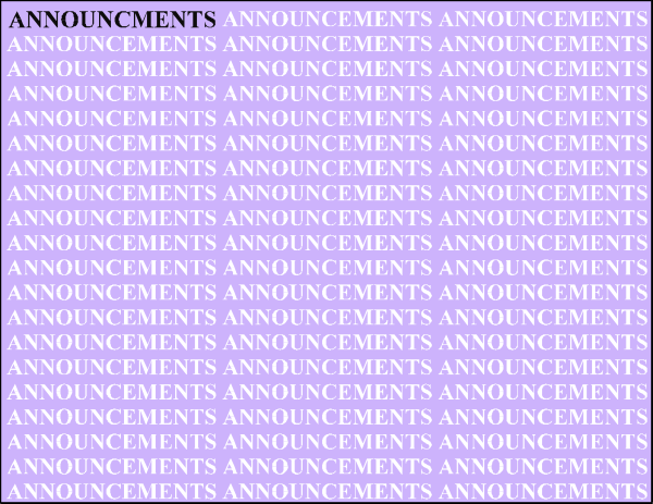 The image shows a list of announcements with purple text on white background.